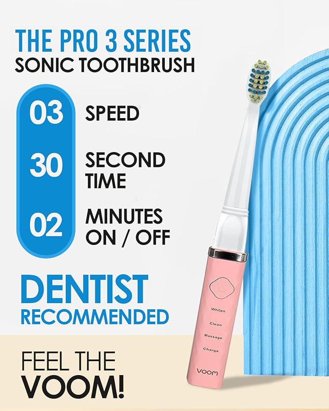 Voom Sonic Pro 3 Rechargeable Electric Battery Powered Toothbrush With Soft Dupont Nylon Bristle Dentist Recommended Portable Oral Care 2-Minute Timer 3 Adjustable Speeds Lightweight Design Pink