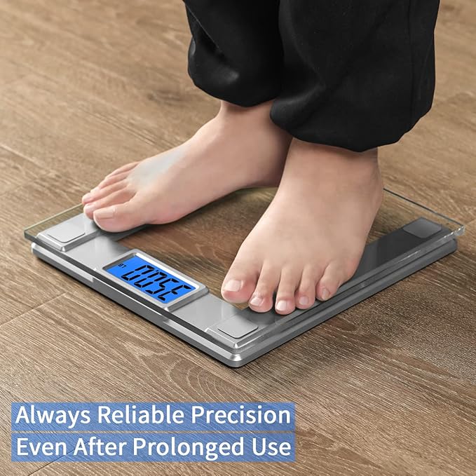 Vitafit 550lb Digital Bathroom Scale for Body Weight and BMI Via Smart APP High Accuracy Assured by Weighing Professional Since 2001 8mm Tempered Glass Extra Large Blue Backlit LCD Silver