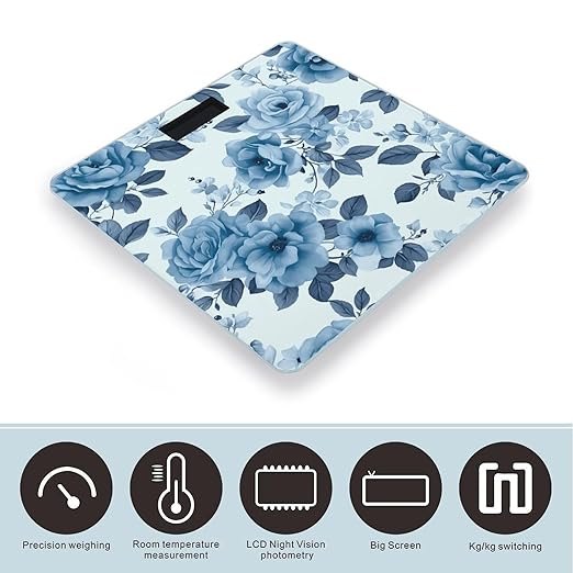 Blue Flower Floral Pattern Roses Bathroom Scale Large LCD Backlight Display Digital Scale Rounded Corners Body Scales Automatic Power On/Off Bathroom Scales for Home Bedrooms
