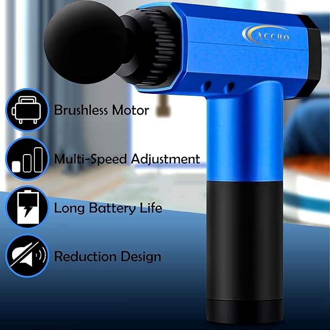 Accro Muscle Massage Gun Deep Tissue. Massage Gun with 6 Attachments. Hand Held Gun Massager for Athletes Muscle Recovery Therapy or Relaxation. Color: Blue. (Comes with Bag)