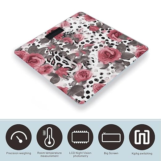 Cute Pink Rose Mix Leopard Pattern Bathroom Scale for Body Weight LCD Display Digital Bathroom Scale Tempered Glass Bathroom Weight Scales Fashion Smart Scales for Home Bedroom 400 Lb
