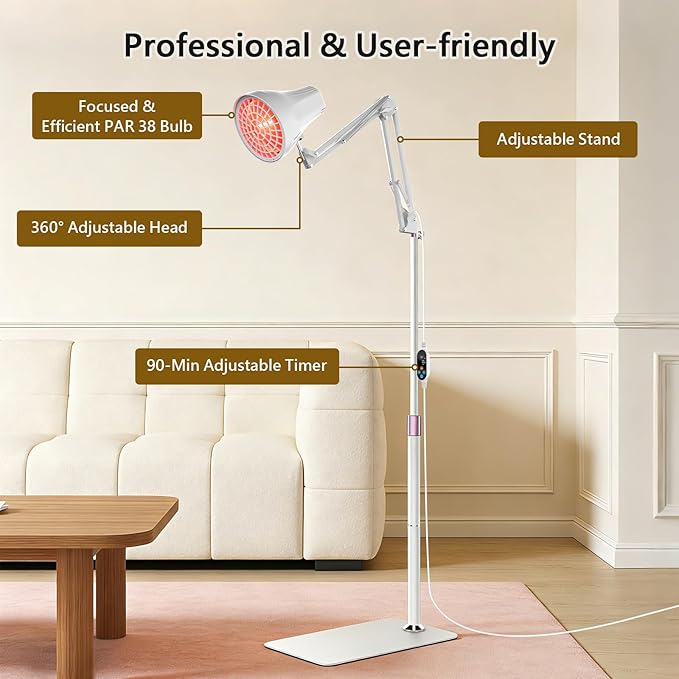 Home Infrared Heating Lamp for Body 150W High Power Infrared Lamp Red Light 660nm and Infrared Light 810-1000nm Adjustable Angle &amp 3 Brightness Adjustment &amp 10-90 Minute Timer for Home &amp