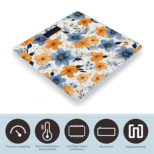 Blue and Orange Flowers on White Background Bathroom Scale for Body Weight Bathroom Weighing Scale with Backlit LCD Display Highly Accurate Measures Weight Up to 180kg