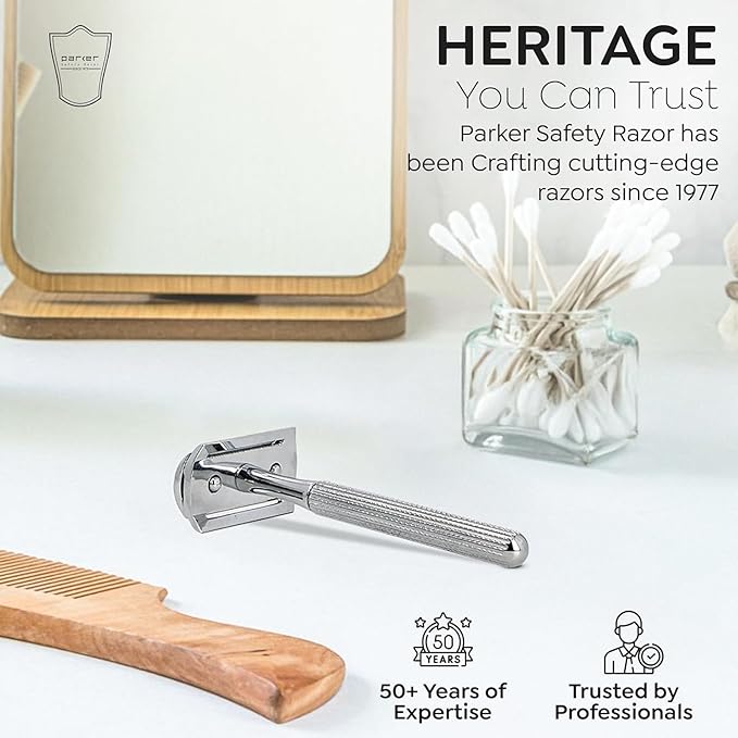 Parker 78R Double Edge Safety Razor with 5 Safety Razor Blades Women &amp Men’s Safety Shaving Razor Reusable Razor Plastic Free – CHROME