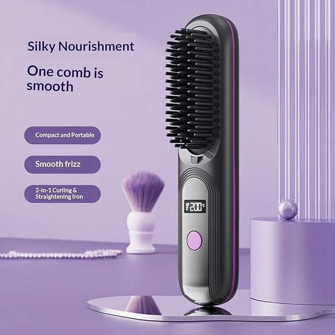Hair Straightener Brush Portable Cordless Hair Straightener Brush with 4 Temperature Settings &amp LED Display (03)