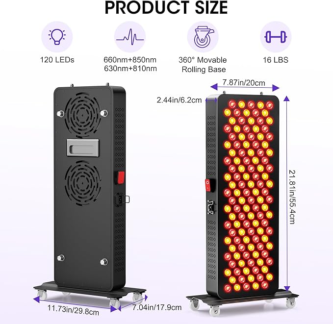 Red Light Therapy - Upgraded 4-CORE LED Chips Red Infrared Light Device 120 LEDs with 3 Modes Timer &amp Rolling Base 660nm/850nm Near Infrared Light for Face &amp Body Care (21.81in)