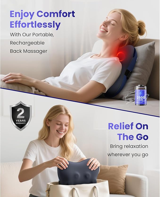 BOB AND BRAD Cordless Back Massager with Heat FSA Eligible HSA Shiatsu Back Massager for Pain Relief Deep Tissue 3D Kneading Massage Pillow for Pain Relief Soothing Full-Body Relief for Family