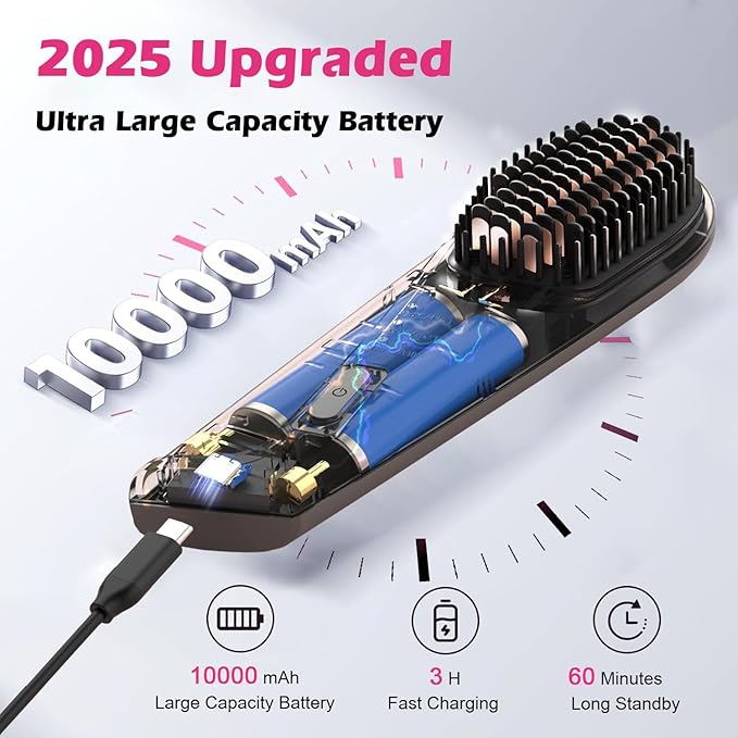 Cordless Hair Straightener Brush: Portable Straightening Brush for Travel - 10000mAh USB-C Rechargeable 30s Quick Heating150 Million Negative Ions Heated Straightening Comb for Women