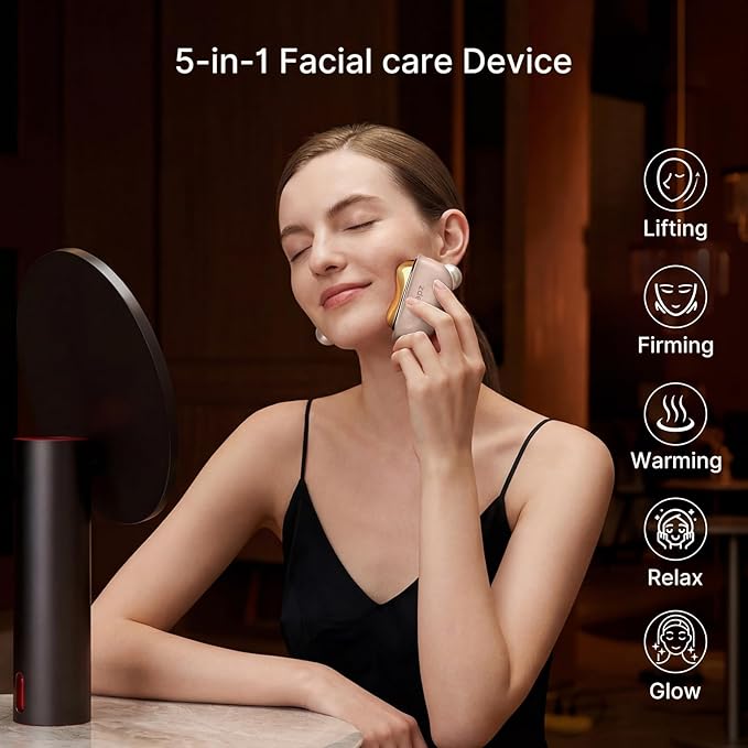 ZDEER LED Red Light Therapy for Face &amp Neck Massager Facial Care Device – Electric Gua Sha Brass Tool with Heat &amp Vibration for Firming Sculpting &amp Skincare Pink