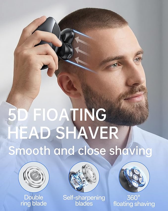 Electric Razor for Men 5-in-1 Multi-Function Electric Shavers for Men IPX7 Waterproof Bald Head Shaver with LED Display Rechargeable Beard Trimmer Body Hair Trimmer Ideal Gifts for Husband (Black)