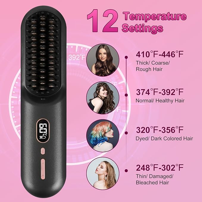 Cordless Hair Straightener Brush Mini Portable Rechargeable Straightening Brush Negative Ionic Hot Comb Straightener with 12 Temp Settings Auto-Off Led Display for Women (Black)