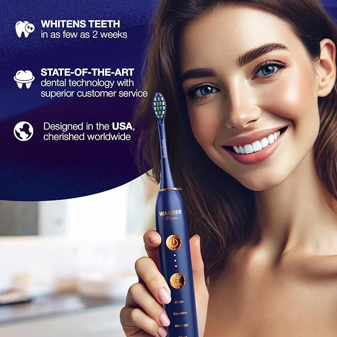 Wagner Stern WHITEN+ Edition. Whitening Electric Toothbrush with Pressure Sensor. Offers 5 Brushing Modes 3 intensities 8 Soft Brush Heads and a Luxury Travel case.