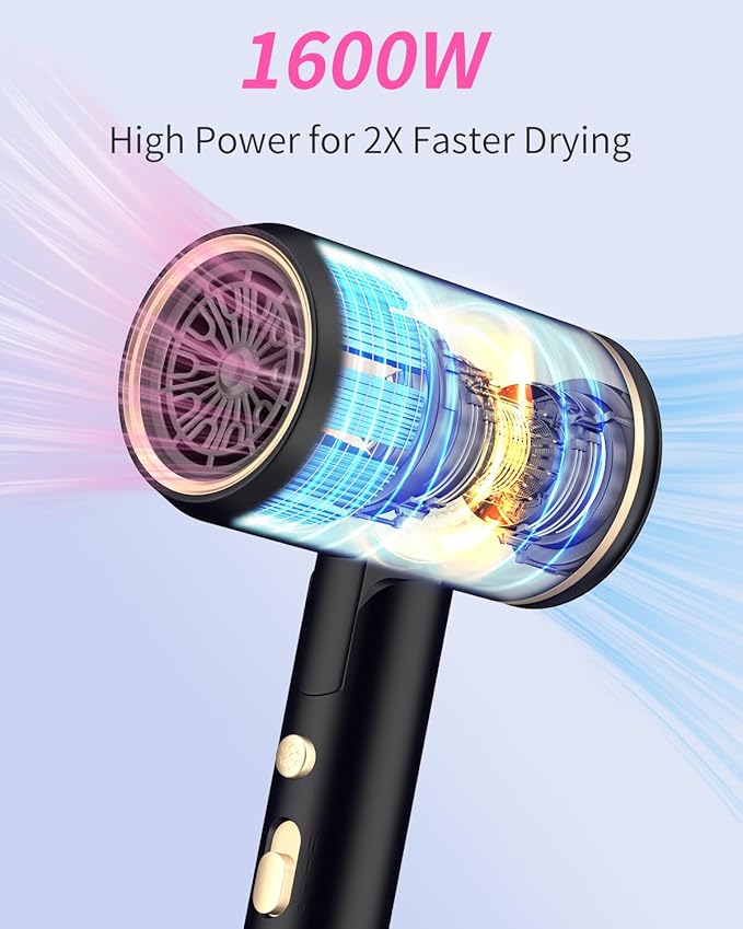 Foldable Portable Ionic Hair Dryer 1600W - Compact Mini Blow Dryer with Diffuser Concentrator &amp Comb Nozzle Intelligent Temperature Control Low Noise for Home Salon &amp Travel (Black)