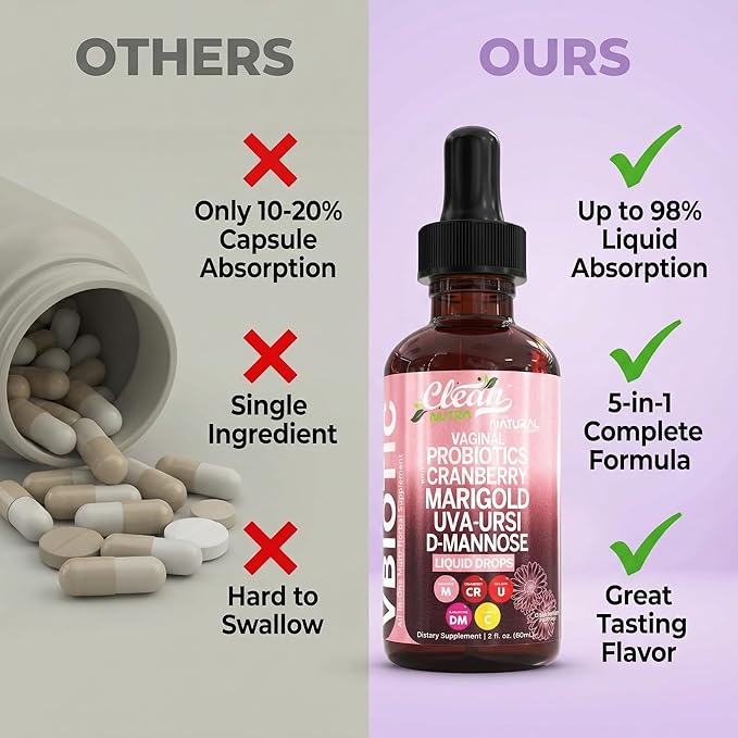 VBiotic Vaginal Probiotic for Women Liquid Drops | Womens Probiotics | Cranberry Uva Ursi Horsetail D-Mannose Prebiotics Marigold &amp Black Cohosh Vaginal Health Supplement | pH Balance | By Clean N