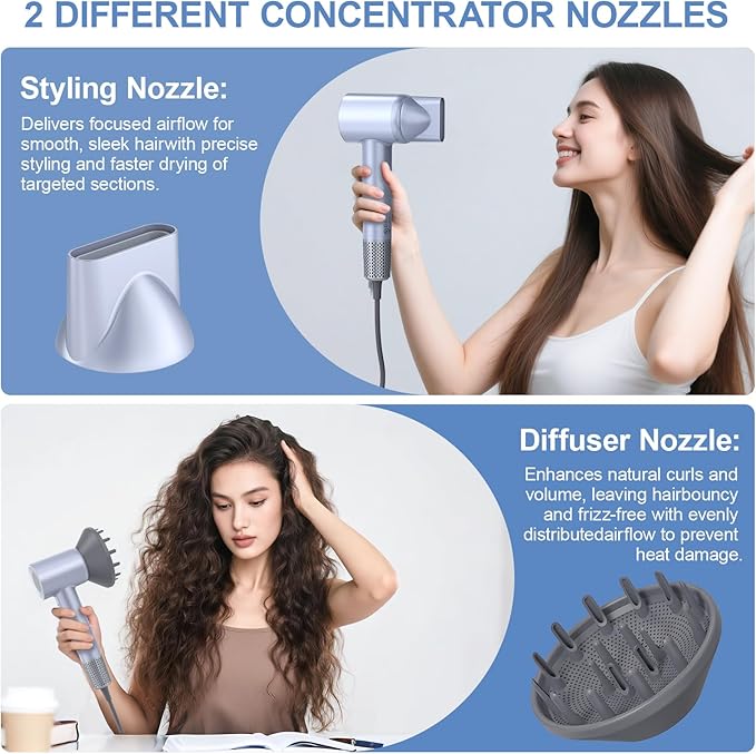 Hair Dryer 160000 RPM High Speed Blow Dryer 1500W Quiet Thermo-Control Travel Hair Dryers for Women Men 500 Million Negative Ions with Magnetic Diffuser and Concentrator for Home Salon Travel