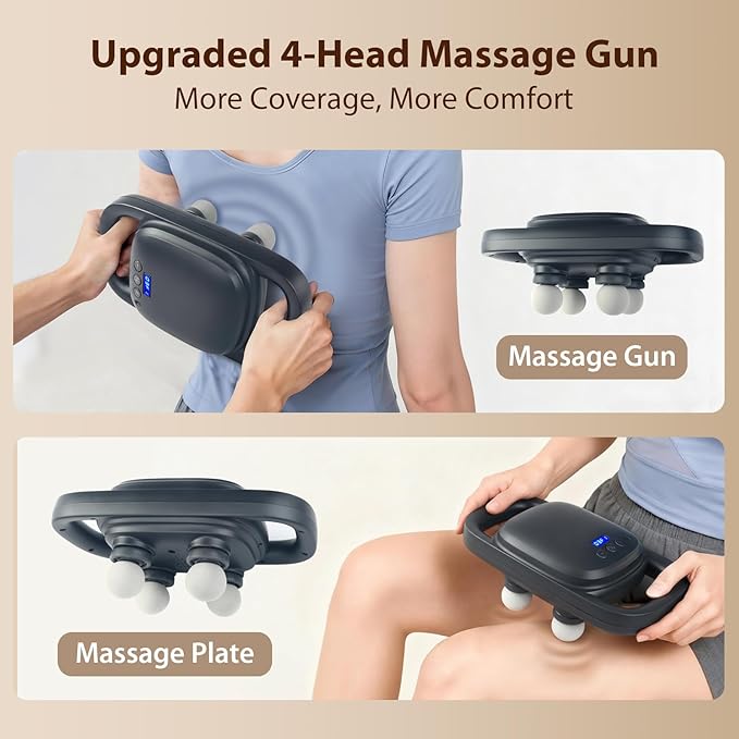 4 Head Massage GunUpdate 25W Powerful Motor for Deep Tissue Percussion Massager with 99 Intensity Levels for Neck BackShoulders Legs Pain Relief &amp Recovery