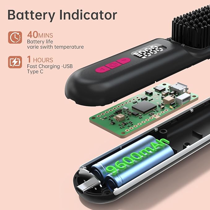 Hair Straightener Brush Portable Cordless Mini Straightening Brush for Travel Negative Ion Hot Comb Hair Straightener with 9 Temps for Women Anti-Scald Ceramic Fast Charge
