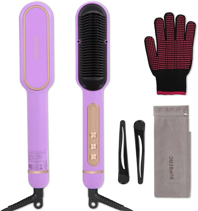 Negative Ionic Hair Straightener Brush with 9 Temp Settings 30s Fast Heating Hair Straightening Comb with LED Display Anti-Scald &amp Auto-Shut Off Hair Brush Straightener for Women (Purple)
