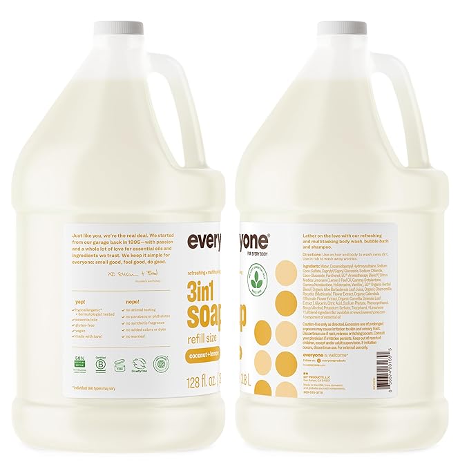 Everyone 3-in-1 Soap Body Wash Bubble Bath Shampoo 1 Gallon Coconut and Lemon made with Essential Oils for Men and Women