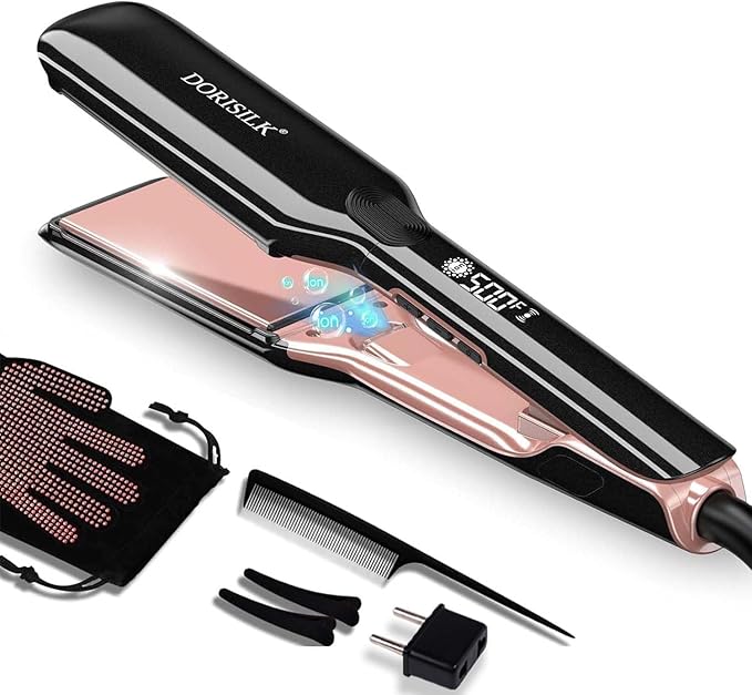 DORISILK 500 Degree High Temp Professional Hair Straightenr  Ceramic Wide Flat Iron 2 in 1 Hair Straightener and CurlerPlasma Flat Iron Get Frizz-Free and Shiny