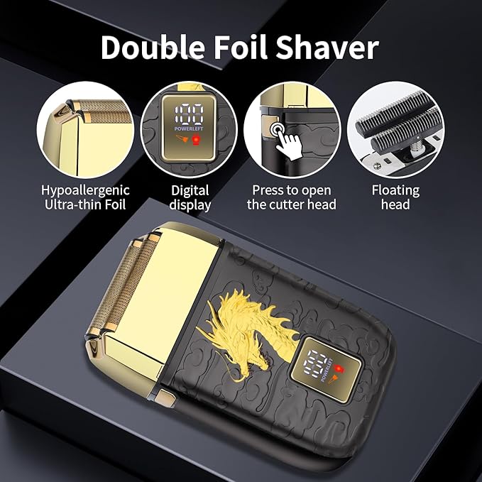 HIENA PRO Professional Foil Shaver for Men Double Electric Foil Trimmer Cordless Bald Head Precision Trimmer Electric Razor Rechargeable with USB Gifts for Men (BGLT)