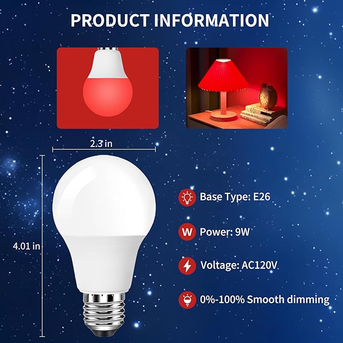 Aogled Red Light Bulbs for Sleep 9W E26 Red Night Light670nm LED Light Bulb A19 120V Equivalent Dim Light Bulbs for BedroomBaby NurseryNatural Sleep