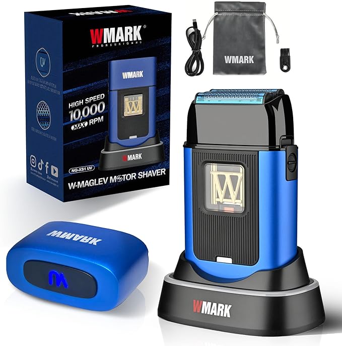 WMARK Electric Foil Shavers for Men Electric Razor for Men Cordless Beard Shaver with UV Protection Maglev Vector Motor 10000RPM Blue-Titanium 3-Blade Floating USB-C Rechargeable NG-XS1 UV