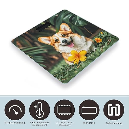 Tropical Flower and Corgi Smart Scale for Body Weight Accurate Bathroom Scale with LED Display Digital Weight Scales Weighing Machine High Precision Scales for Bath Home
