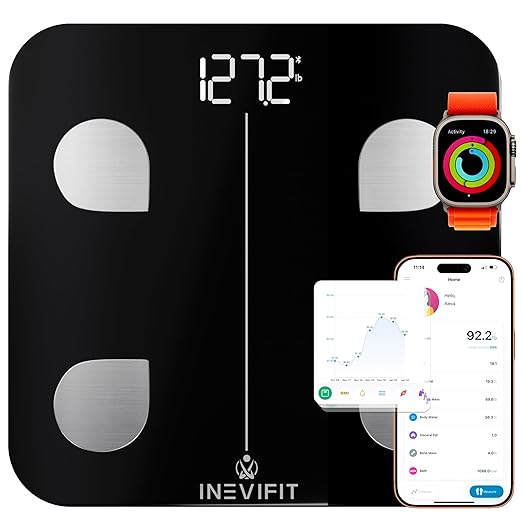 INEVIFIT Smart Body Fat Scale Highly Accurate Bluetooth Digital Bathroom Body Composition Analyzer Measures Weight Body Fat Water Muscle Visceral Fat &amp Bone Mass for Unlimited Users (Black)