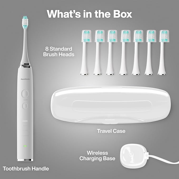 Aquasonic Vibe Series Ultra-Whitening Toothbrush – ADA Accepted Electric Toothbrush - 8 Brush Heads &amp Travel Case – 40000 VPM Motor &amp Wireless Charging - 4 Modes w Smart Timer – Optic White