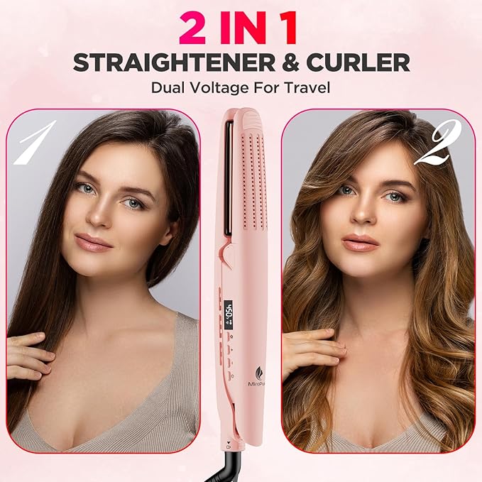 MiroPure 360° Airflow Styler Curling Iron Titanium Flat Iron Hair Straightener and Curler 2 in 1 Professional Curing Wand with Ionic Aroma Cool Air 13 Adjustable Temps Dual Voltage for Long Hair