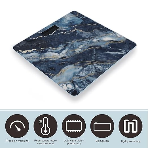 Marble Navy Blue Mixed Digital Bathroom Scale for Body Weight Weighing Scale with Backlit LCD Display High Precision Measurements &amp Measures Weight Up to 180kg