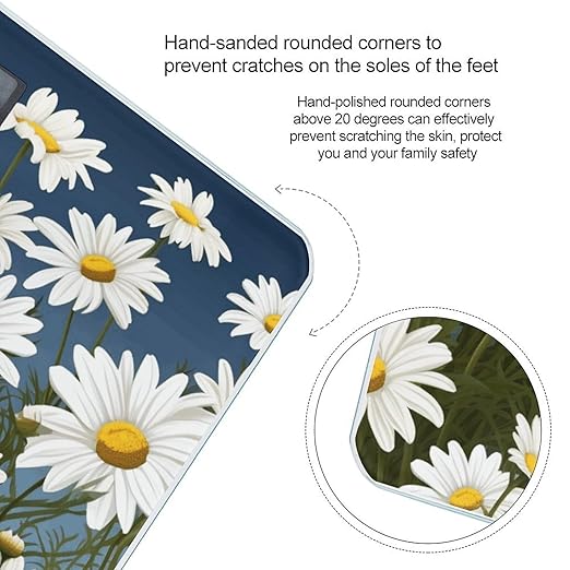 Camomile Pattern Scale for Body Weight Anti-Slip Tempered Glass Digital Bathroom Scales Clear LCD Display Weighing Scale Safe Rounded Corners Smart Scales