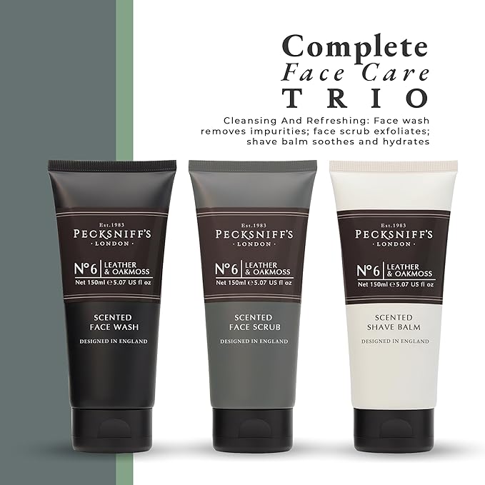 Pecksniff’s Men’s Trio Face Collection – Leather &amp Oakmoss – Face Wash Scrub &amp Shave Balm Gift Set 3 x 75ml