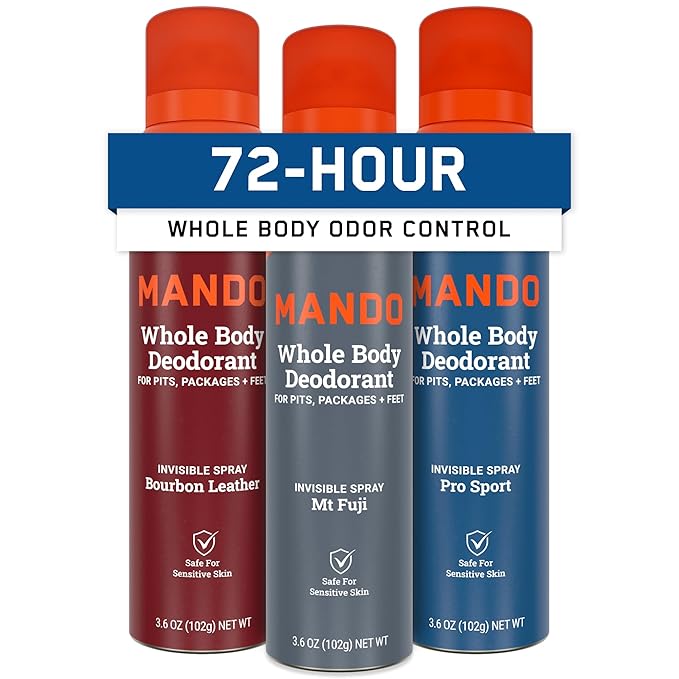 Mando Whole Body Deodorant For Men - Invisible Spray Deodorant - 72 Hour Odor Control - Low Irritation Formula - Aluminum Free Benzene Free - 3.6 ounce - 3pk - Bourbon Leather Mt Fuji Pro Sport