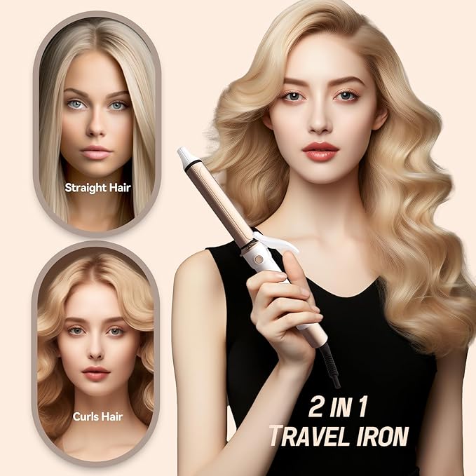 Curling Iron 2 in 1-Straightening &amp Curler 1 Inch Dual Voltage Travel Hair Straightener with Negative Ions Fast Heating (Gold)
