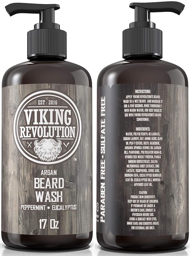 Beard Wash Shampoo w/Argan &amp Jojoba Oils - Softens &amp Strengthens - Natural Peppermint and Eucalyptus Scent - Beard Shampoo w/Beard Oil (17 oz Shampoo)