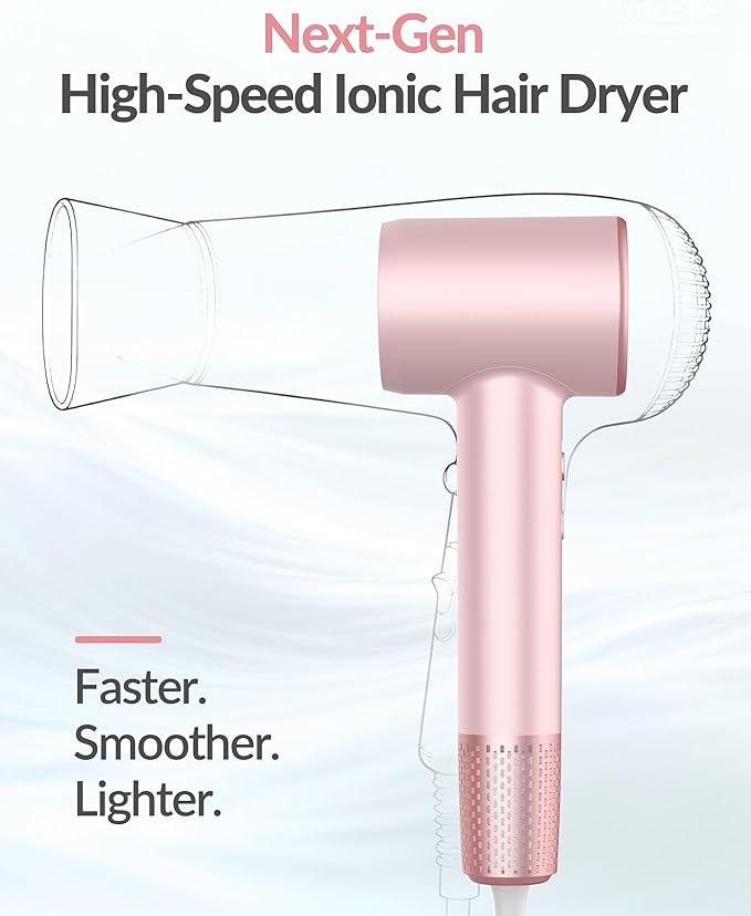Hair Dryer 15000 RPM High-Speed Brushless Motor Fast Drying for All Hair Types Negative Ionic Blow Dryer 3 Temps &amp 2 Speeds Control Quiet Compact Hair Blow Dryer for Home &amp Travel Use -Pink