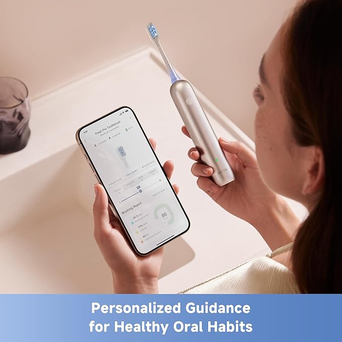 Mova Fresh Pro Electric Toothbrush with App 3DClean Rechargeable Electric Power Toothbrush for Adults 2 Brush Heads &amp Travel Case 3-in-1 Replacement Brush Head with Holder Matte Silver