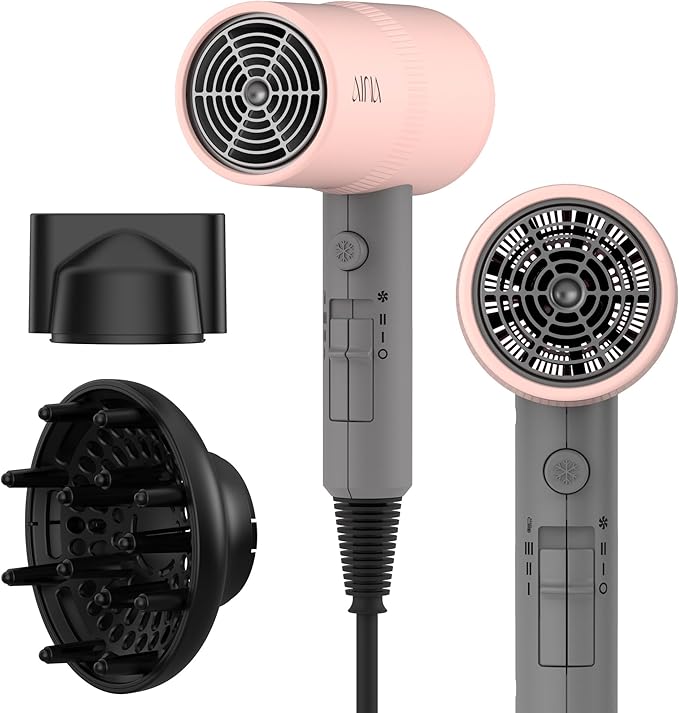 AINA Hair Dryer with Diffuser Blow Dryer for Women | Advanced Ionic Technology Ceramic Coating | Cold Shot Features Turbo Heat for Fast Drying and Shine 110V/ALCI (Misty Blush)
