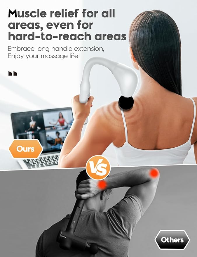 FVZ White Percussion Massage Gun with Upgraded Extension Handle 10MM Massage Gun Deep Tissue Muscles/Neck/Shoulders/Waist/Legs Massager Portable for Pain Relief