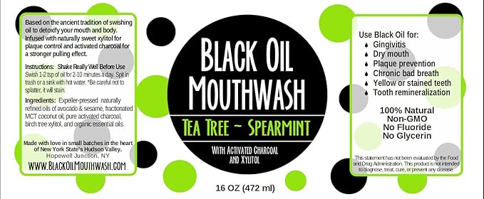 Coconut/Avocado/Sesame Oil Mouthwash Sweet &amp Delicious with Charcoal &amp Xylitol for Oil Pulling 16 oz Black Oil Mouthwash (Tea Tree Spearmint)