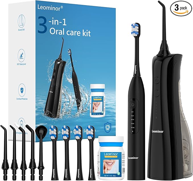 Leominor 3-in-1 Water Flosser &amp Electric Toothbrush Combo – Cordless Oral Irrigator with 235ml Large Tank5 Modes IPX7 WaterproofFreshening Stripsfor TeethGumsBracesHome &amp TravelBlack