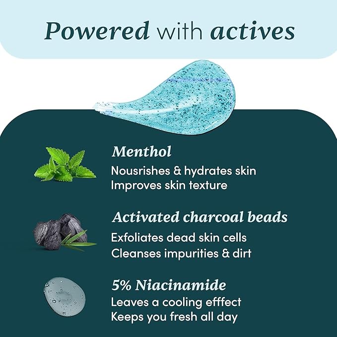 Manm Matters 3 in 1 Action Charcoal and Menthol Body Wash | With Menthol 5% Niacinamide &amp Activated Charcoal Beads | For Instant Cooling Odor Protection &amp Improves Skin texture | 250ml