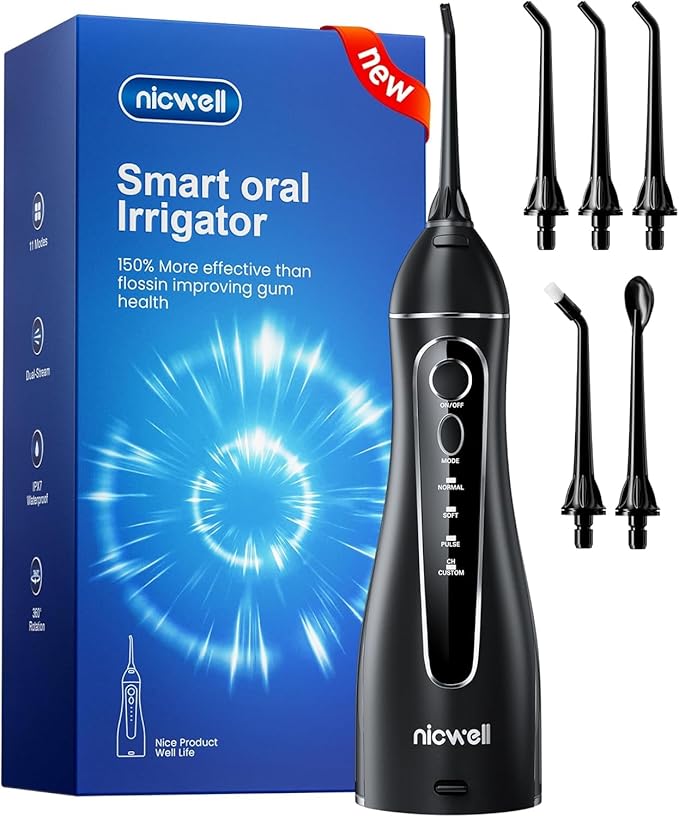 Nicwell Water Dental Flosser for Teeth - 4 Modes &amp 11 Pressure Settings Cordless Portable Oral Irrigator IPX7 Waterproof Rechargeable with 5 Tips for Braces Cleaning Travel Deep Teeth Cleaning