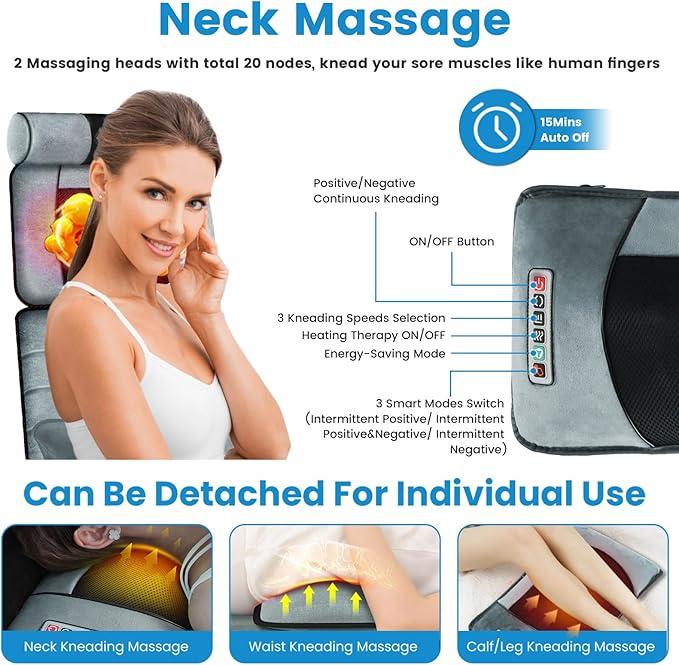 Full Body Massage Mat with HeatElectric Massage Pad W/ Detachable Neck Massager&ampFoot Massager3 Heated Levels 10 Vibrating Nodes W/Inflatable Head Pillow Lumbar PillowTimer Earplugs for Home Use
