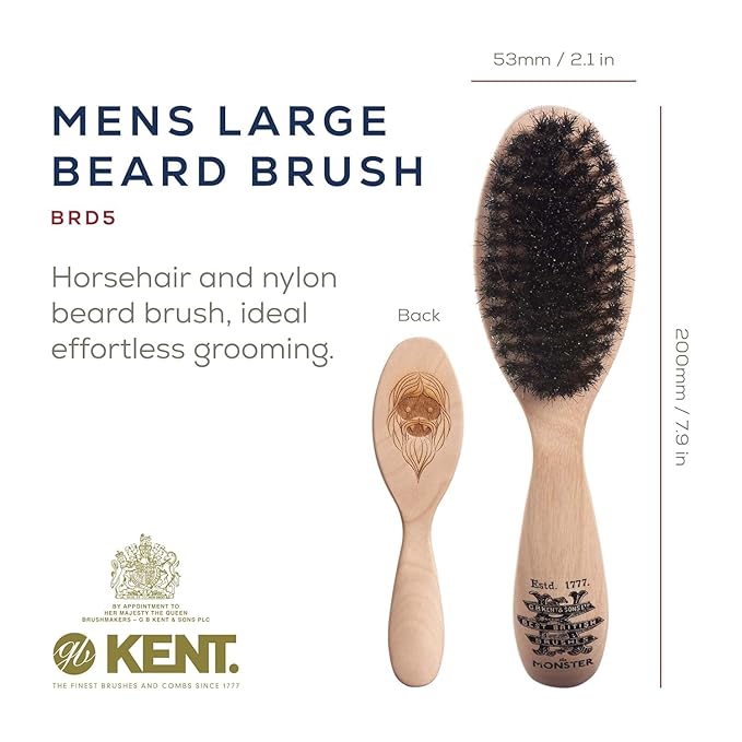 Kent Beard &amp Mustache Set - BRD5 Horse Hair + Nylon Bristle Brush 81T + FOT Handmade Sawcut Combs Pistol-Grip Wood Handle Dry/Wet Use Distributes Oils &amp Balms - Full Grooming Kit for Men