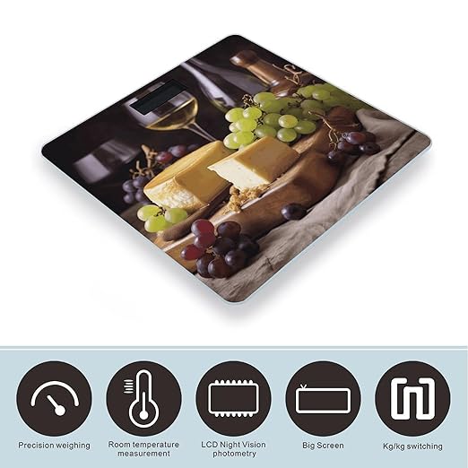 White Wine Cheese Cake Grapes Bathroom Scale Large LCD Backlight Display Digital Scale Rounded Corners Body Scales Automatic Power On/Off Bathroom Scales for Home Bedrooms