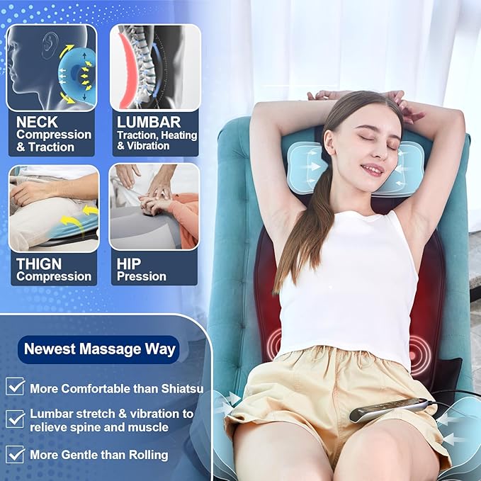 Back Massager with Heat &amp Traction &amp Vibration Seat Massager Pad for Pain Relief Deep Tissue Lumbar Traction PU Leather Foldable for 5’ to 6’1” Massage Chair Pad for Office Home