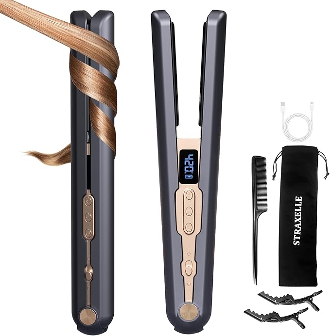 2-in-1 Cordless Hair Straightener and Curler Adjustable 350°F-420°F 20s Heat-Up/LED Display/10000mAh BatteryCordless Flat Iron Travel Safe Ceramic Plates for Fine to Thick Hair